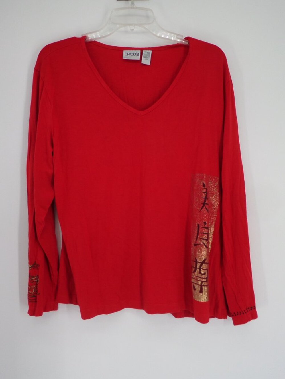 Chico's  Women's Long Sleeve Red n Gold Oriental  Print Top  Size 3 US XL